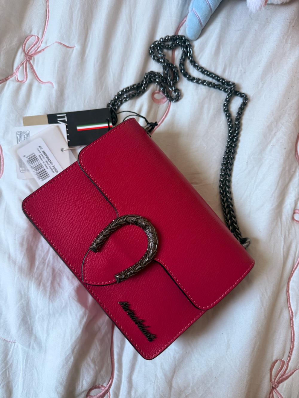 Designer Fuchsia Crossbody Bag with Gunmetal Chain